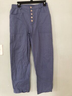 Lintico Womens Blue Linen Cotton High-Waisted Button Pants Size M
